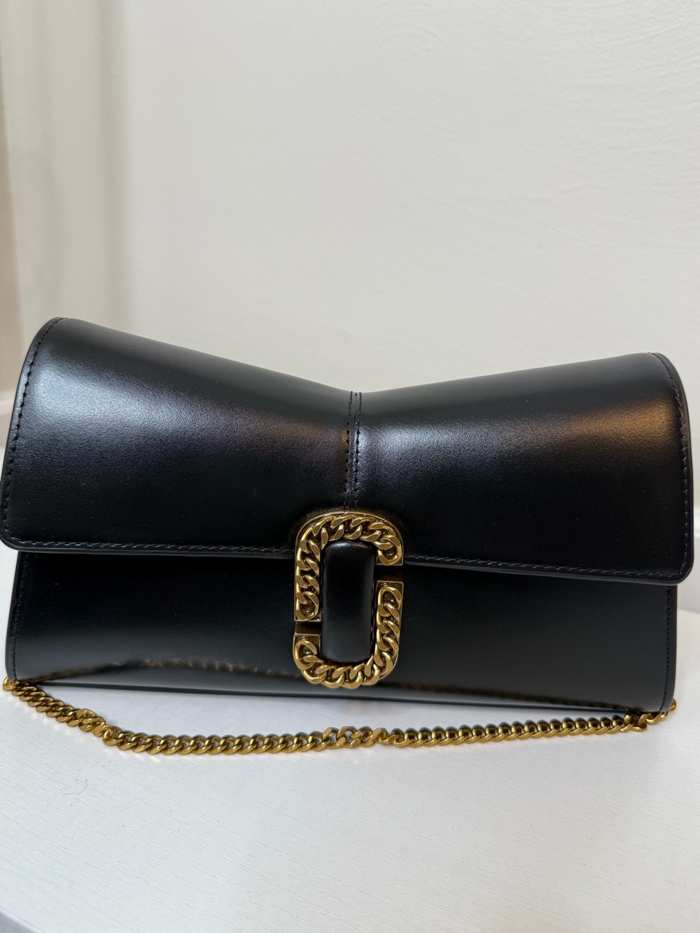 Black Leather Chain-Accent Crossbody Bag